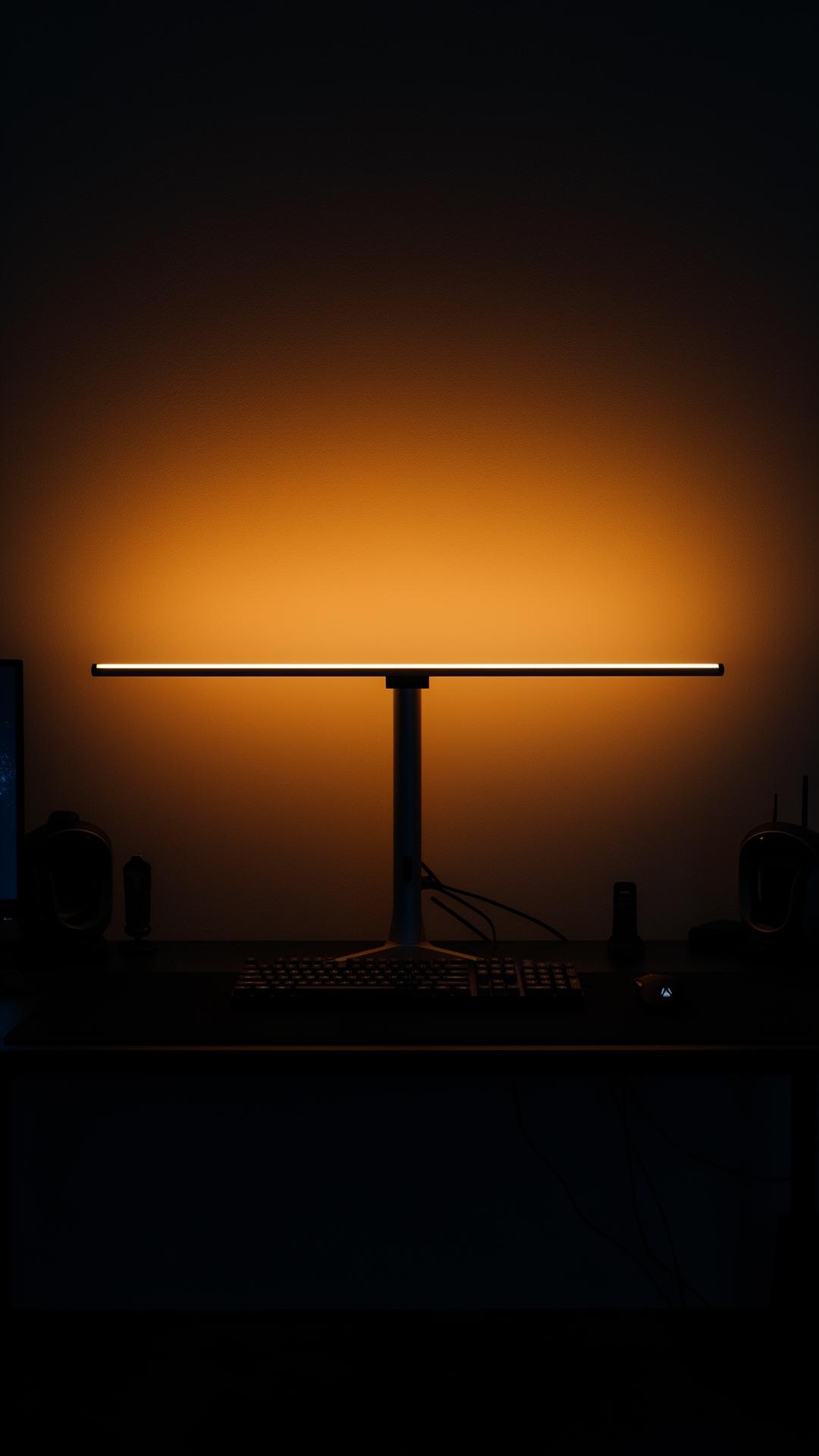 Lámpara de monitor con luz cálida sobre escritorio minimalista